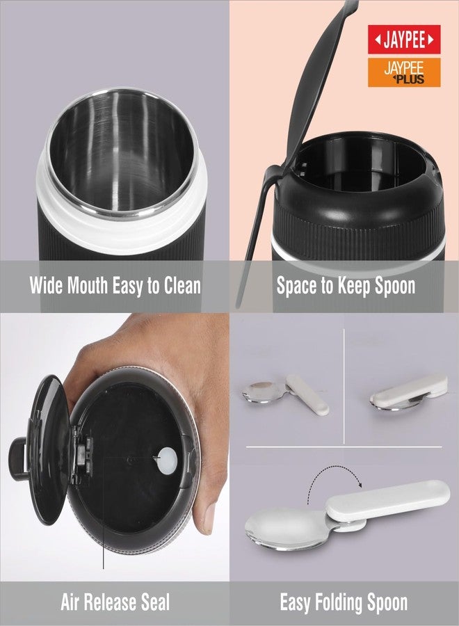 JAYPEE SoloMeal PUF Insulated Inner Stainless Steel Food Jar with Foldable Spoon|Hot/Cold Meal Jar for Kids|Office Women |Men|Food Storage Traveling Box Light Weight |Scratch Resistant|500 ml, Black - Image 4